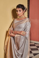 Premium Grey Golden Zari Worked Heavy Banarasi Saree